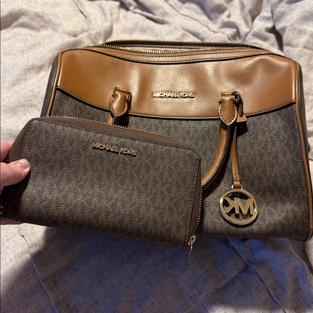 Michael Kors Brown and Tan Logo Satchel and Wallet